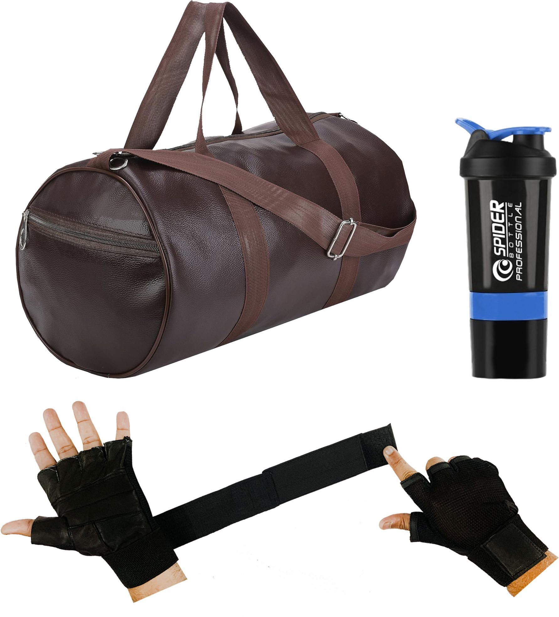 Gym Duffle Bag Brown Leather Bag Shaker Bottle Gloves with Long Wrist Strap Fitness Accessory Kit Kit-image-1