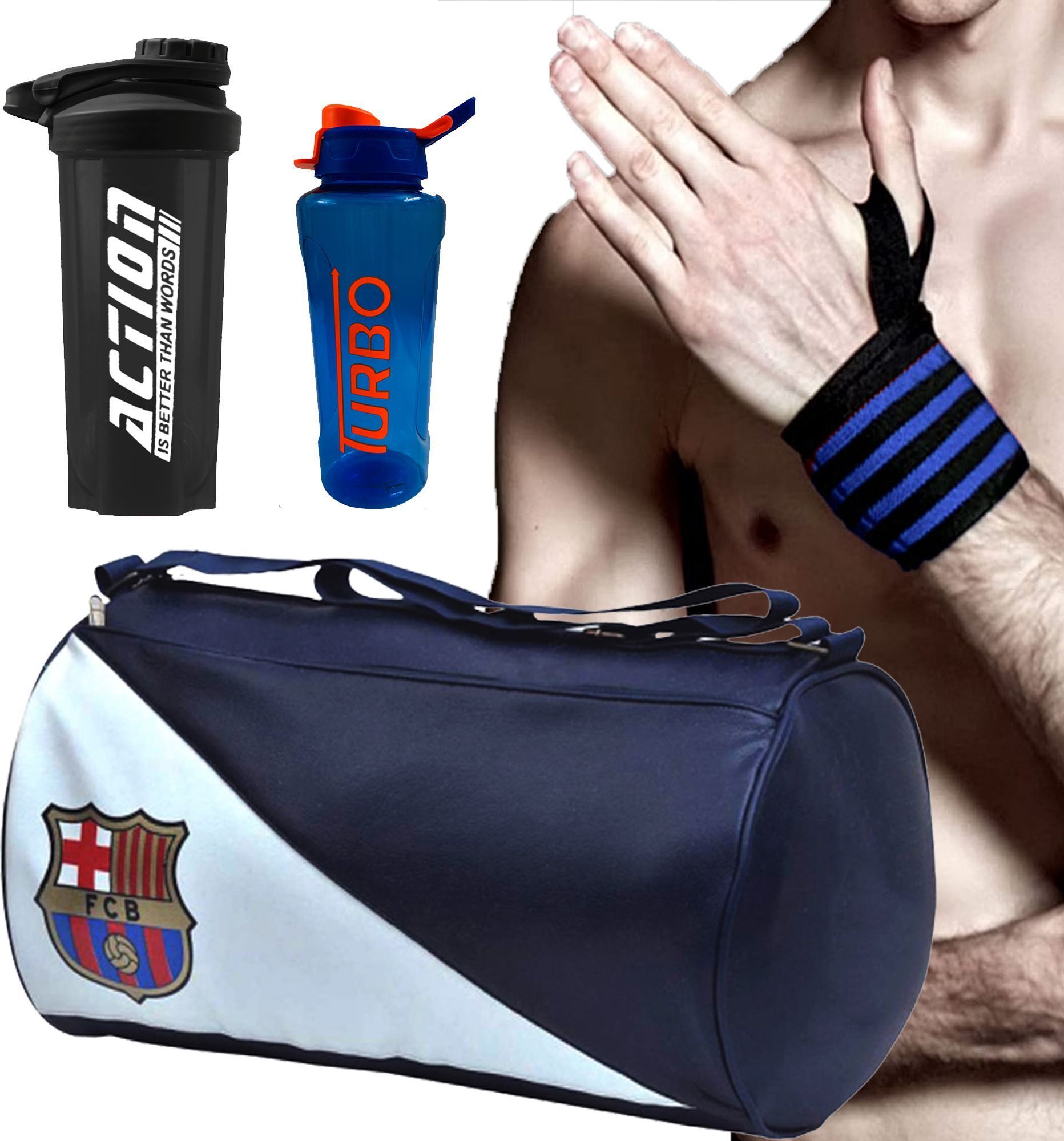 Gym Bag Combo With Acton Shaker With Wrist Support &Turbo Sipper Home Gym Kit Fitness Accessory Kit Kit-image-42