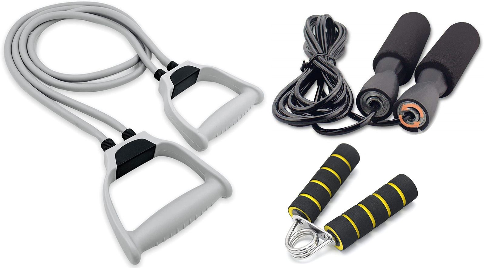Gym Exerciser Combo of Double Toning Tube with Skipping Rope and Foam Hand Grip Fitness Accessory Kit Kit-image-43
