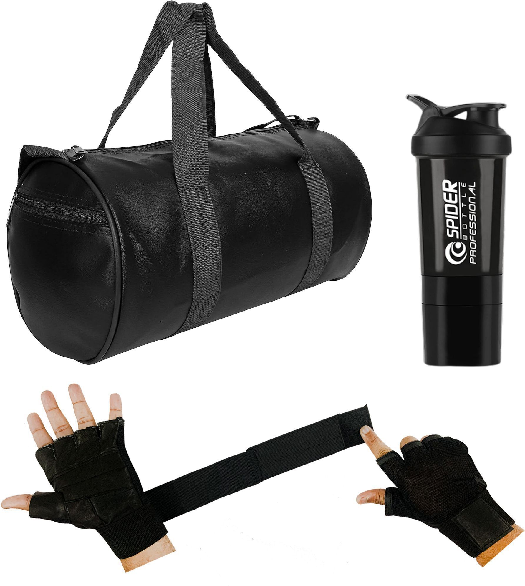 Gym Duffle Bag Black Leather Bag Shaker Bottle Gloves with Long Wrist Strap Fitness Accessory Kit Kit-image-12