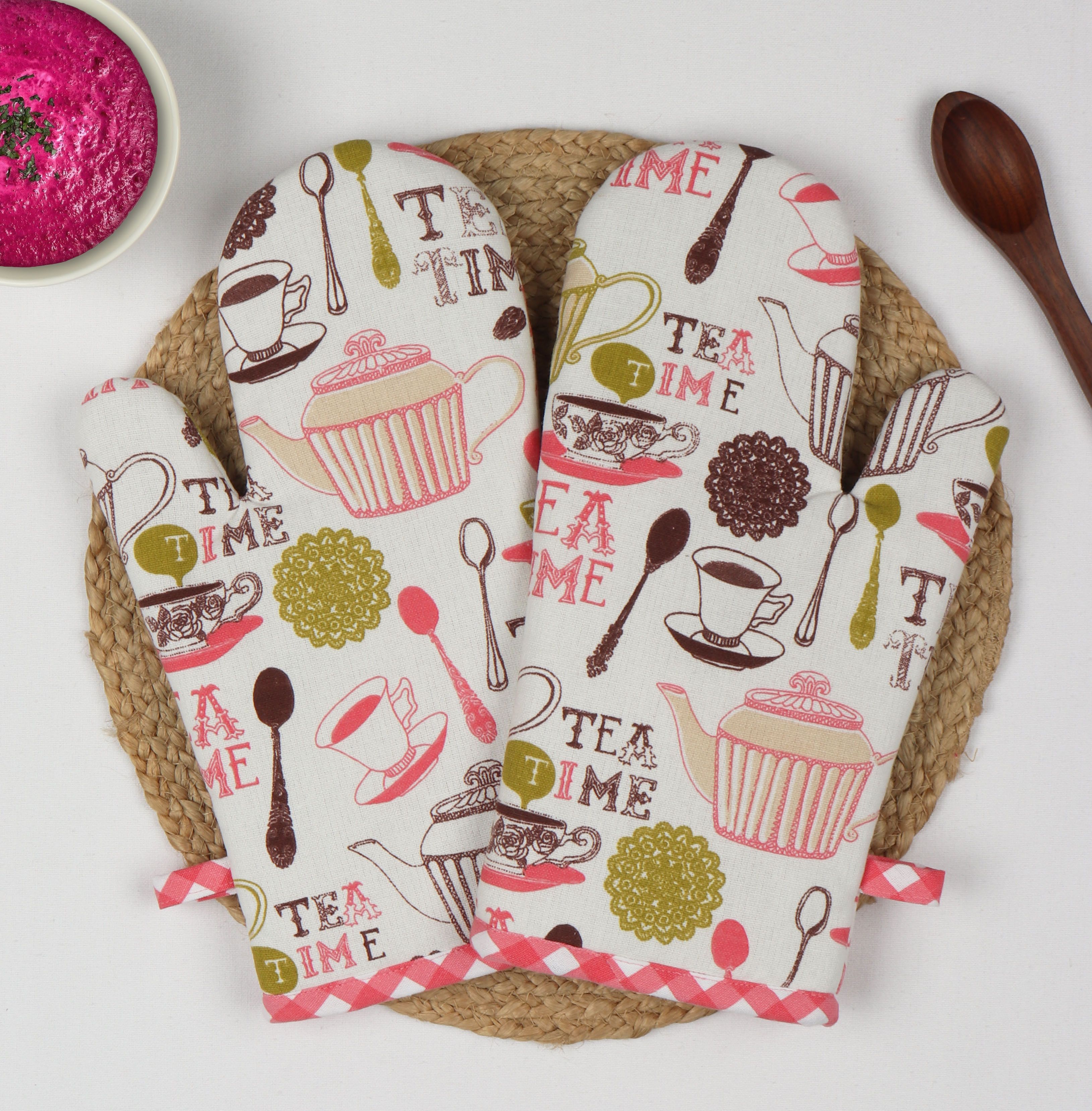peperhomia Pink, Green Cotton Kitchen Linen Set-picture-22