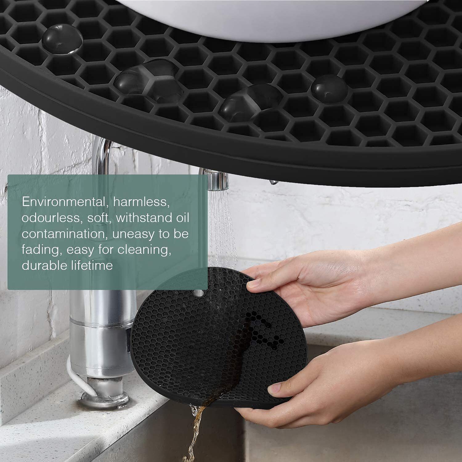 Black Silicon Kitchen Linen SetS/ Trivets Kitchen Insulation Anti-Slip Coasters Dining Mat finish Silicone Trivet-image-3