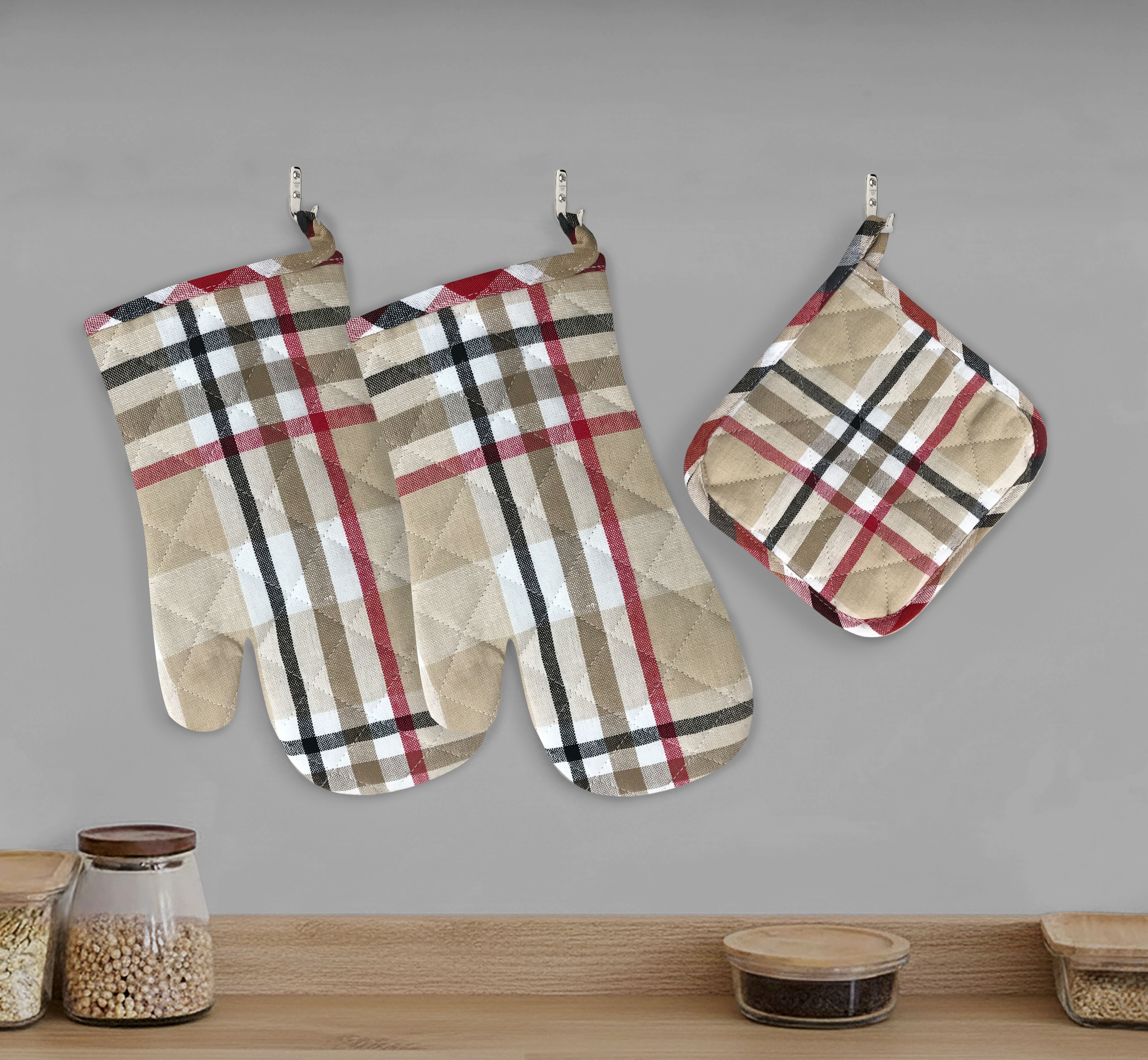 oasis Beige, Red Cotton Kitchen Linen Set-picture-17