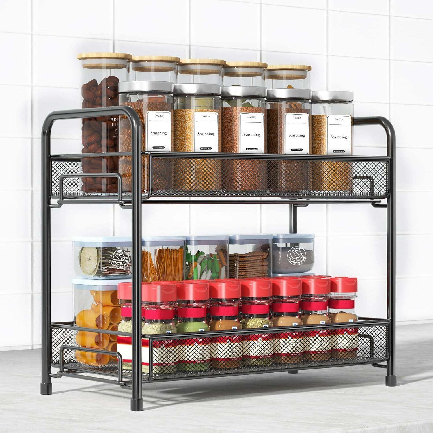 Containers Kitchen Rack 2-Tier Black Metal Spice Rack | Kitchen Storage Organizer for Countertops Iron-image-9
