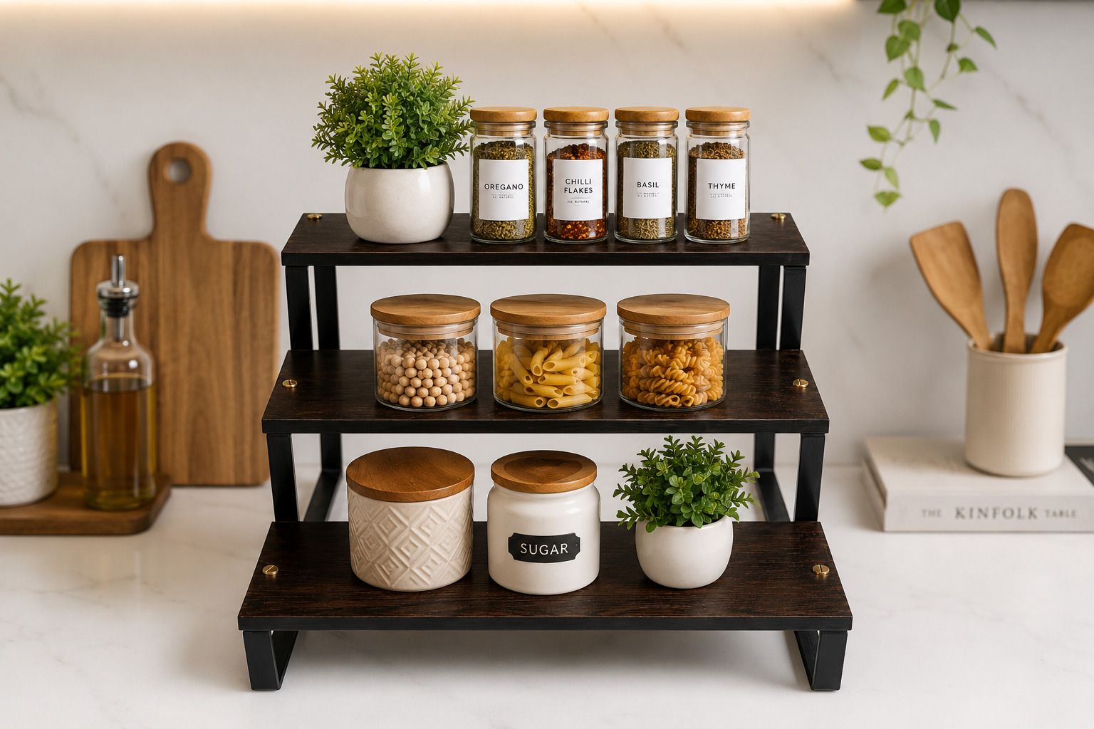 sakib akhlak Utensil Kitchen Rack 3 Tier Kitchen Rack Black brown Wood, Iron-picture-21