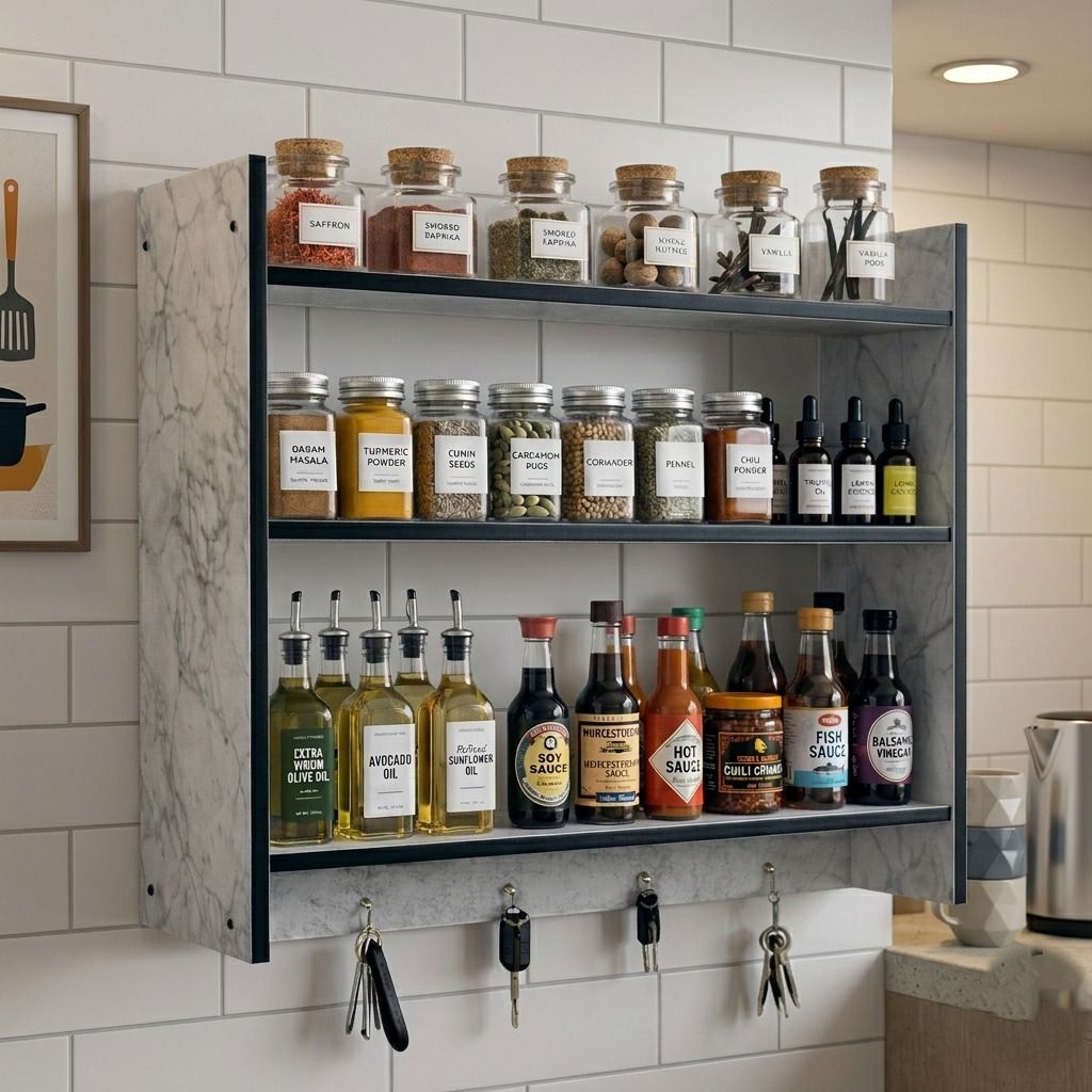 Containers Kitchen Rack Premium White Marble Finish Kitchen Wall Mounted Rack with Hooks Wood-image-40