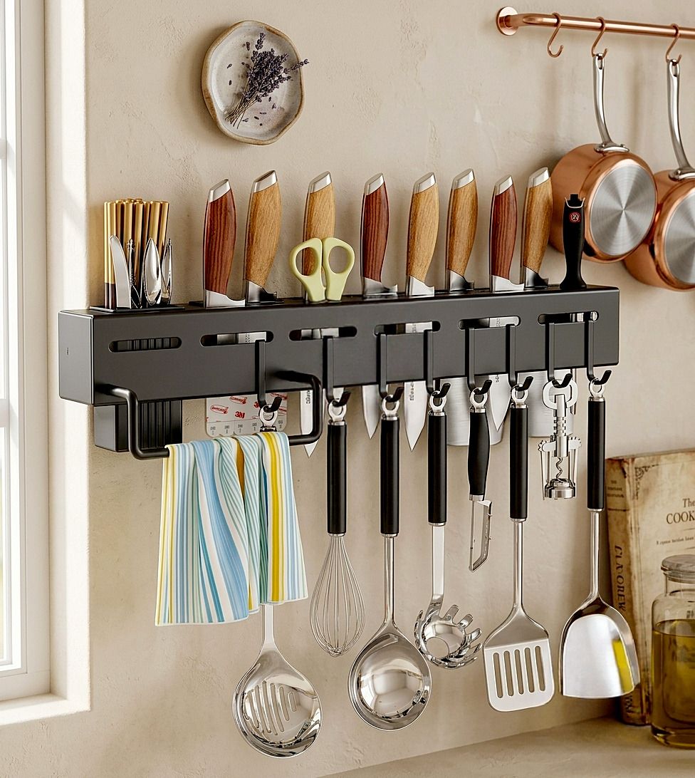 homemet Utensil Kitchen Rack Wall Mounted Knife Holder Utensil Hanging Rack with Hooks Cutlery Organizer Rail Plastic-picture-34