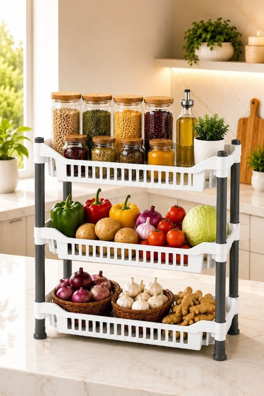 Containers Kitchen Rack Space Saving Compact 3-Tier Multi Storage Stand for Kitchen Bartan and Box Plastic-image-45