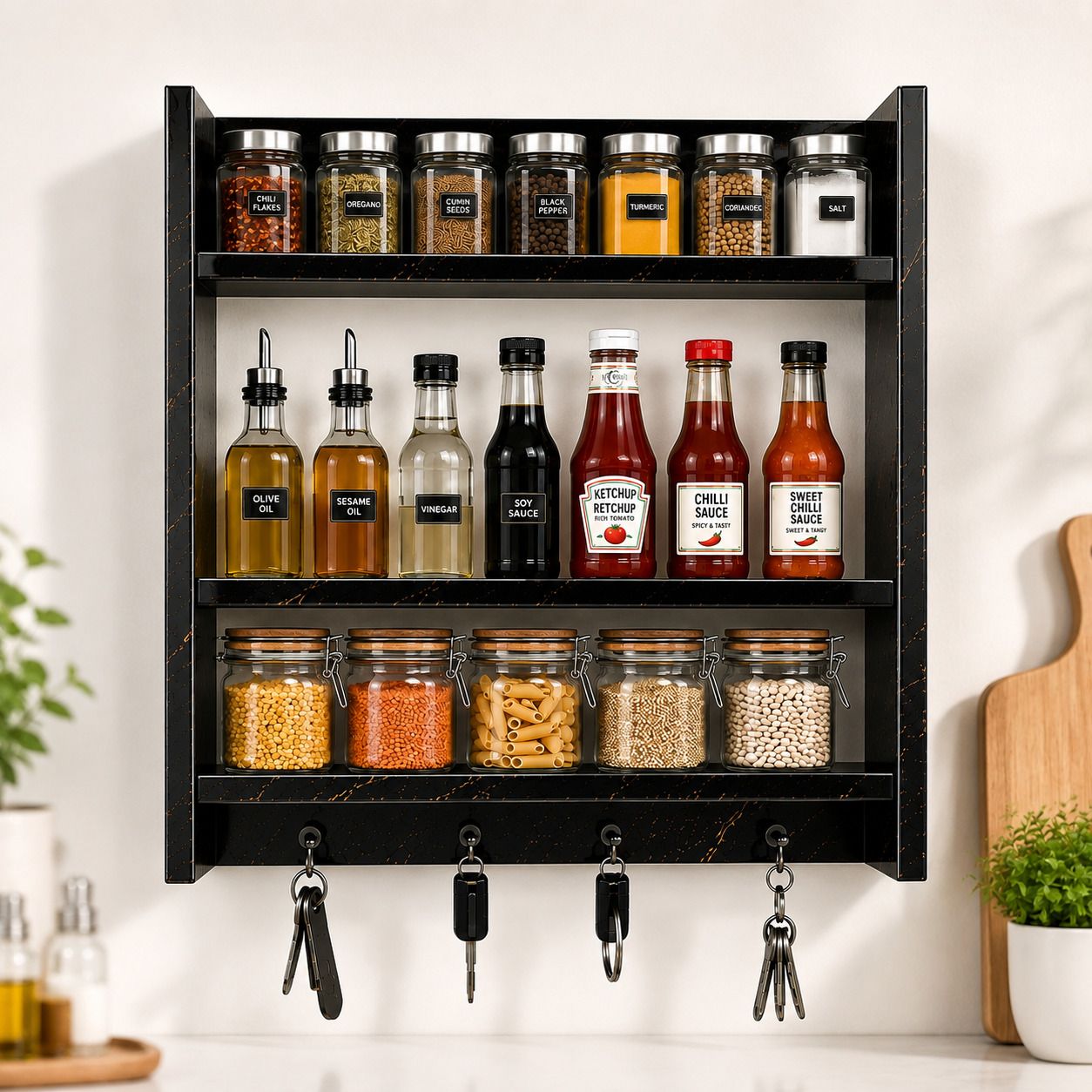 Utensil Kitchen Rack Modern Black Marble Kitchen Organizer Shelf with Hooks | 3 Tier Wall Mounted Wood-image-1