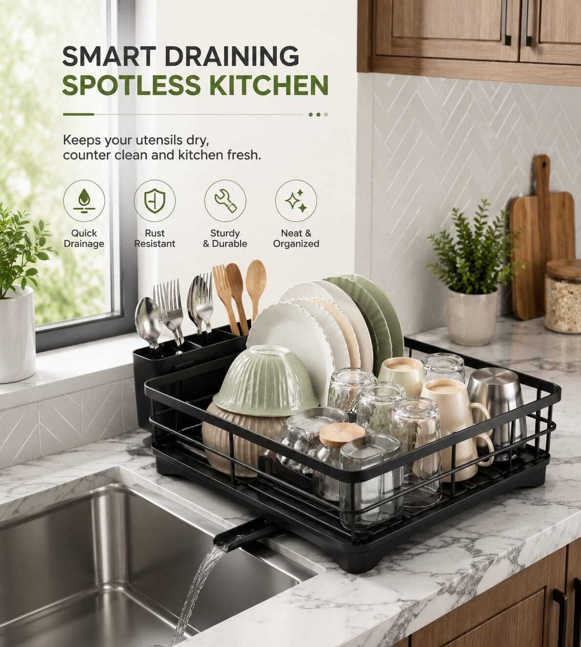 sr enterprises Dish Drainer Kitchen Rack 360° Drain Tray Dish Drying Rack with Cutlery Holder Carbon Steel-picture-12