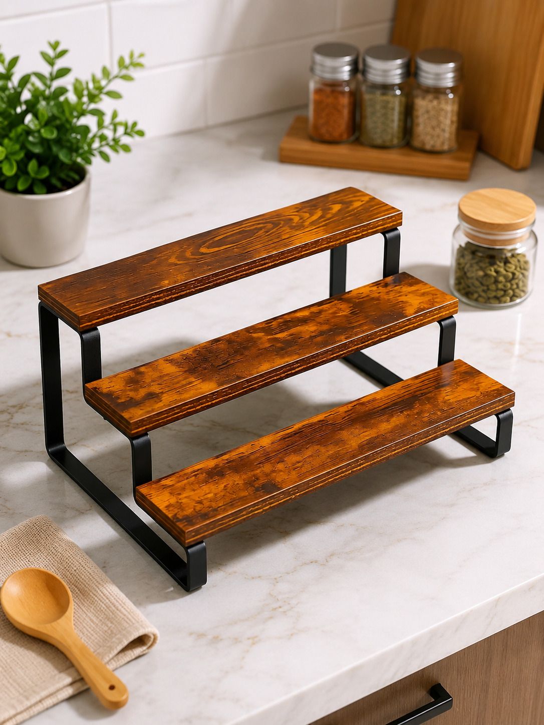 nphandicraft Containers Kitchen Rack 3-Tier Wooden Storage Shelf with Metal Frame for Kitchen, Iron, Wood-picture-28