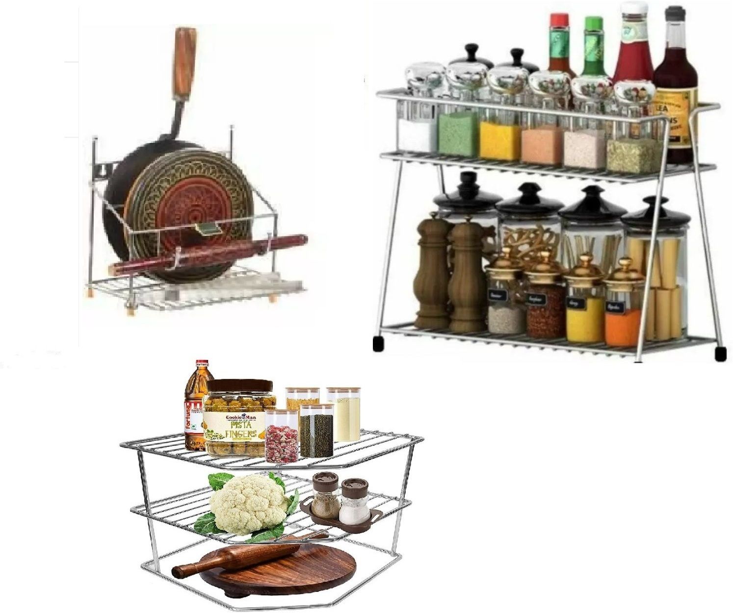 Chakla/Belan Kitchen Rack Present a combo pack of stainless steel and Rust free 4 in 1 chakla belan stand + spice rack + corner rack Steel