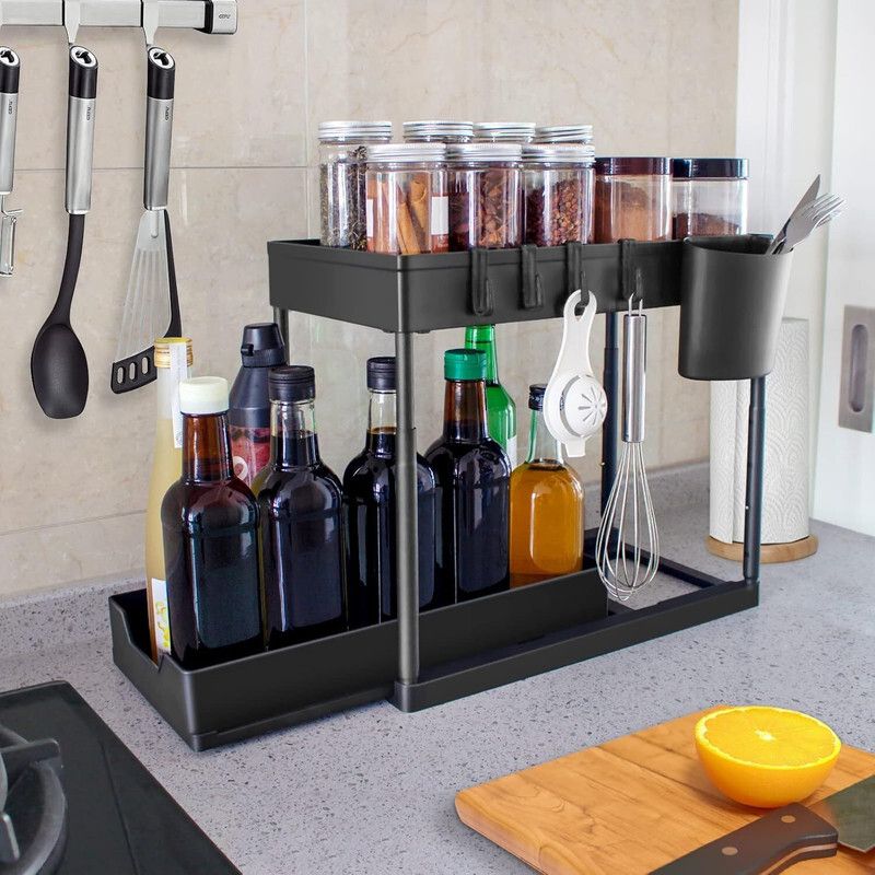 Utensil Kitchen Rack 2-Tier Kitchen Sink Organizer Rack with Hooks & Utensil Holder (Black) Plastic-image-16
