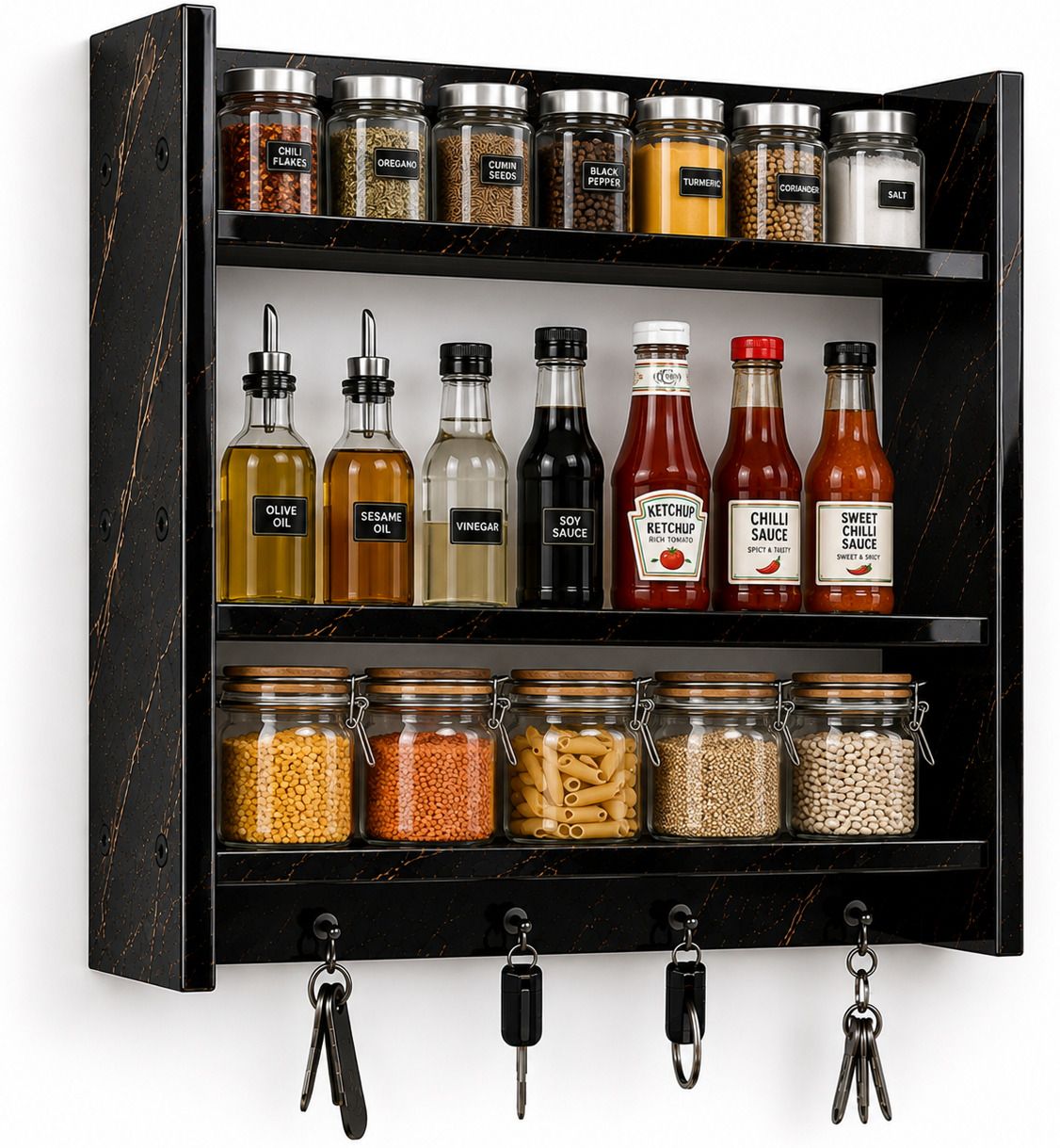 Utensil Kitchen Rack Premium Glossy Black Marble 3 Tier Wall Mounted Kitchen Hook Rack with Storage Wood-image-2