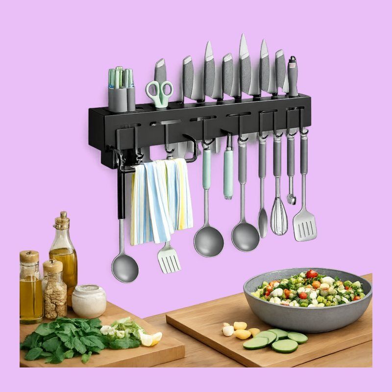 Utensil Kitchen Rack Kitchen Utility Shelf with Towel Hanging Rod Plastic-image-24