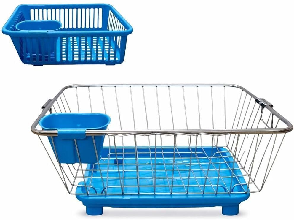 Dish Drainer Kitchen Rack Compact Kitchen Countertop Dish Rack – Durable Blue Drying Organizer Plastic, Steel-image-4