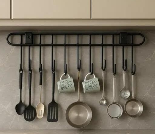 Utensil Kitchen Rack Black Powder Coated Laddle Hook Rail for Kitchen Hanging Iron-image-20