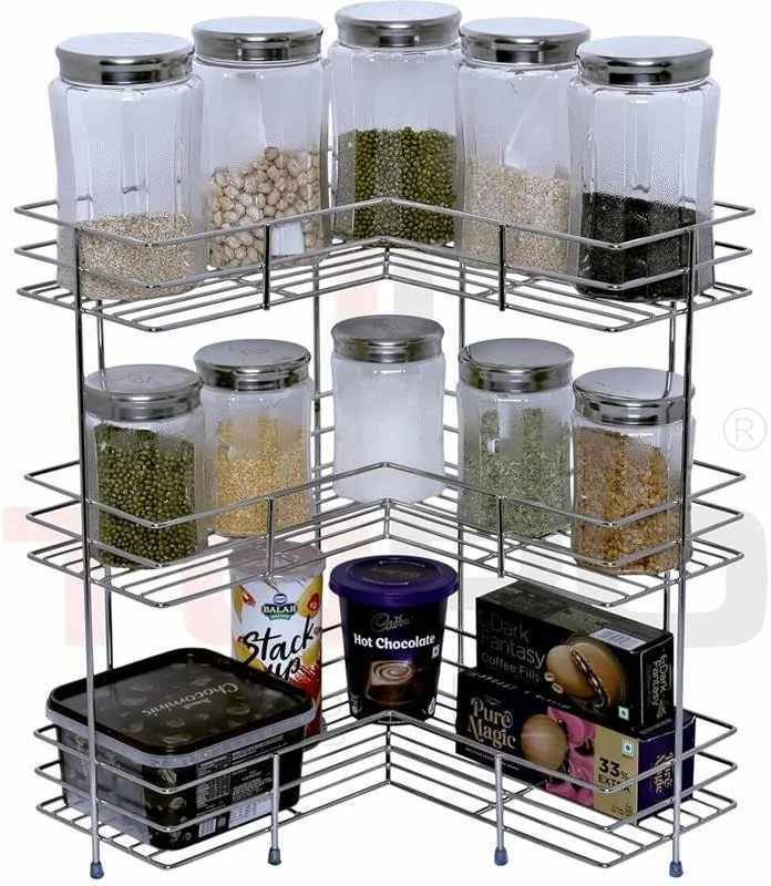 Utensil Kitchen Rack Stainless Steel Multipurpose L-Shape 3-Tier Kitchen Corner Rack Steel Steel-image-31