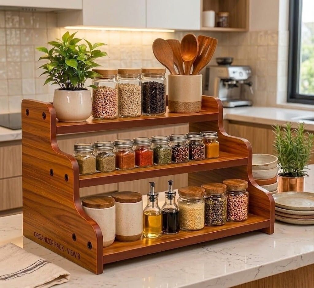 absysa Containers Kitchen Rack 3-Tier Spice Rack,Wood Kitchen Organizer Cupboard for Spice Bottles, Jars Wood-picture-31