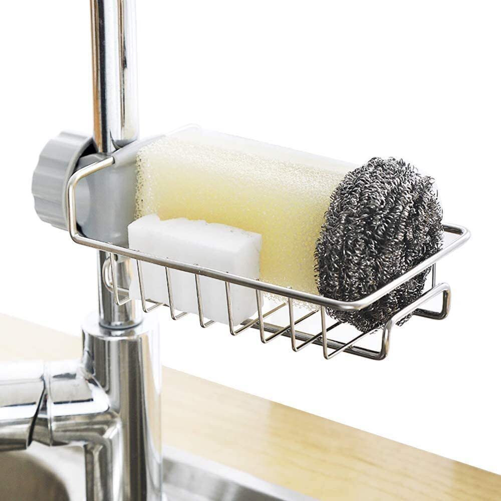 Utensil Kitchen Rack Sink Drain Rack Sponge Storage Faucet Holder Soap Drainer Shelf Basket Organizer Steel-image-1