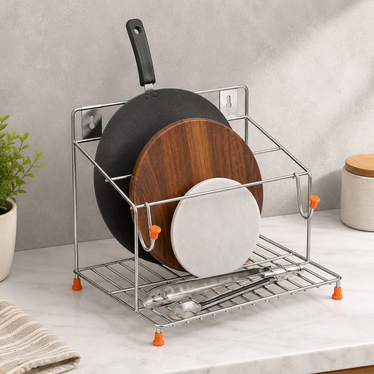 chromeplus Utensil Kitchen Rack Stainless Steel 4-in-1 Chakla Belan Tawa Chimta Stand | Wall Mounted Kitchen Steel-picture-35