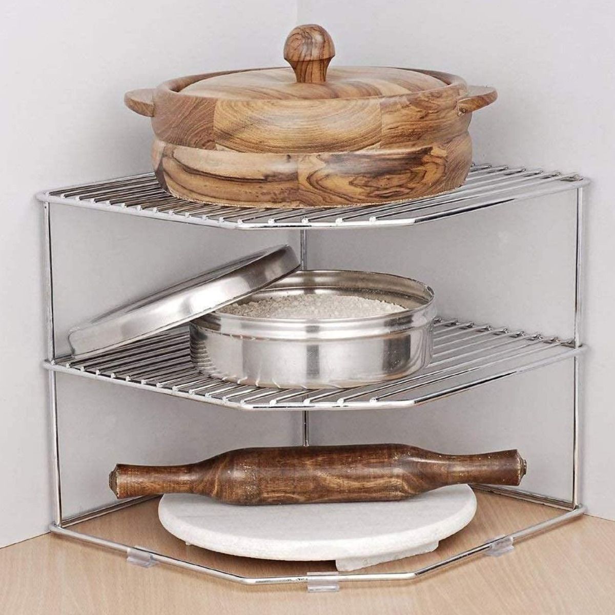 imaginea Utensil Kitchen Rack Stainless Steel Corner Rack 3-Tier | Storage Shelf for Bowls, Plates & Jars Steel-picture-34