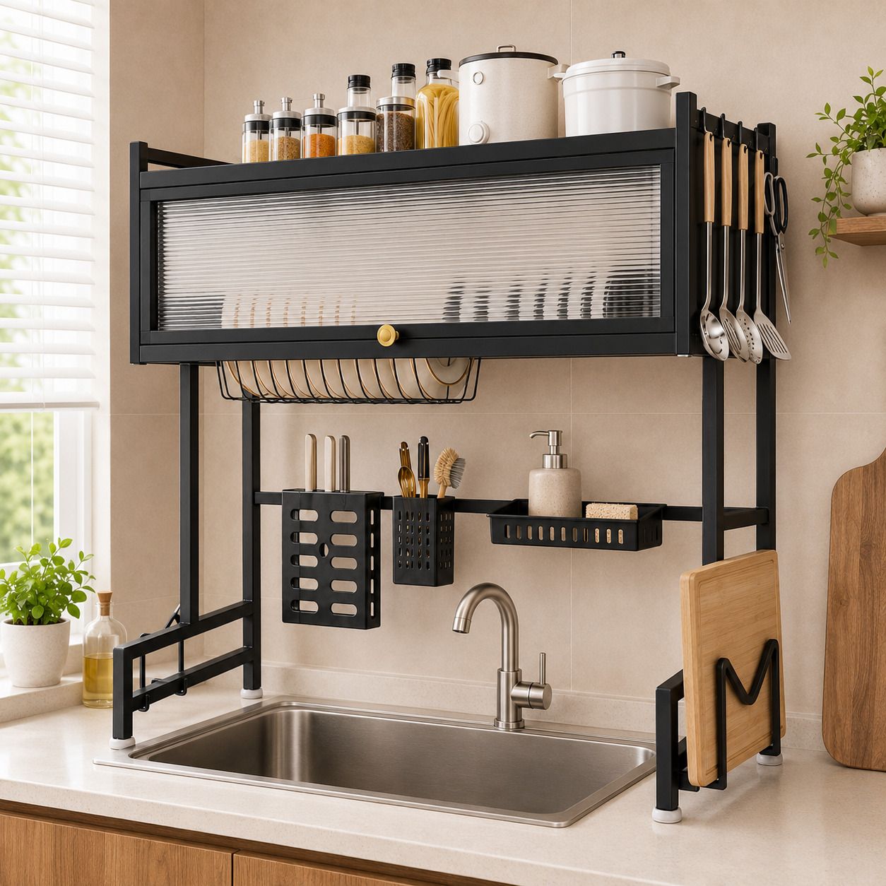 Dish Drainer Kitchen Rack ® Over Sink Dish Drying Rack with Dustproof Door & Kitchen Organizer Carbon Steel-image-39