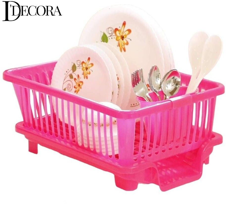 Dish Drainer Kitchen Rack 3 in 1 Large Sink Set Drying Washing Basket with Tray(PINK) Plastic