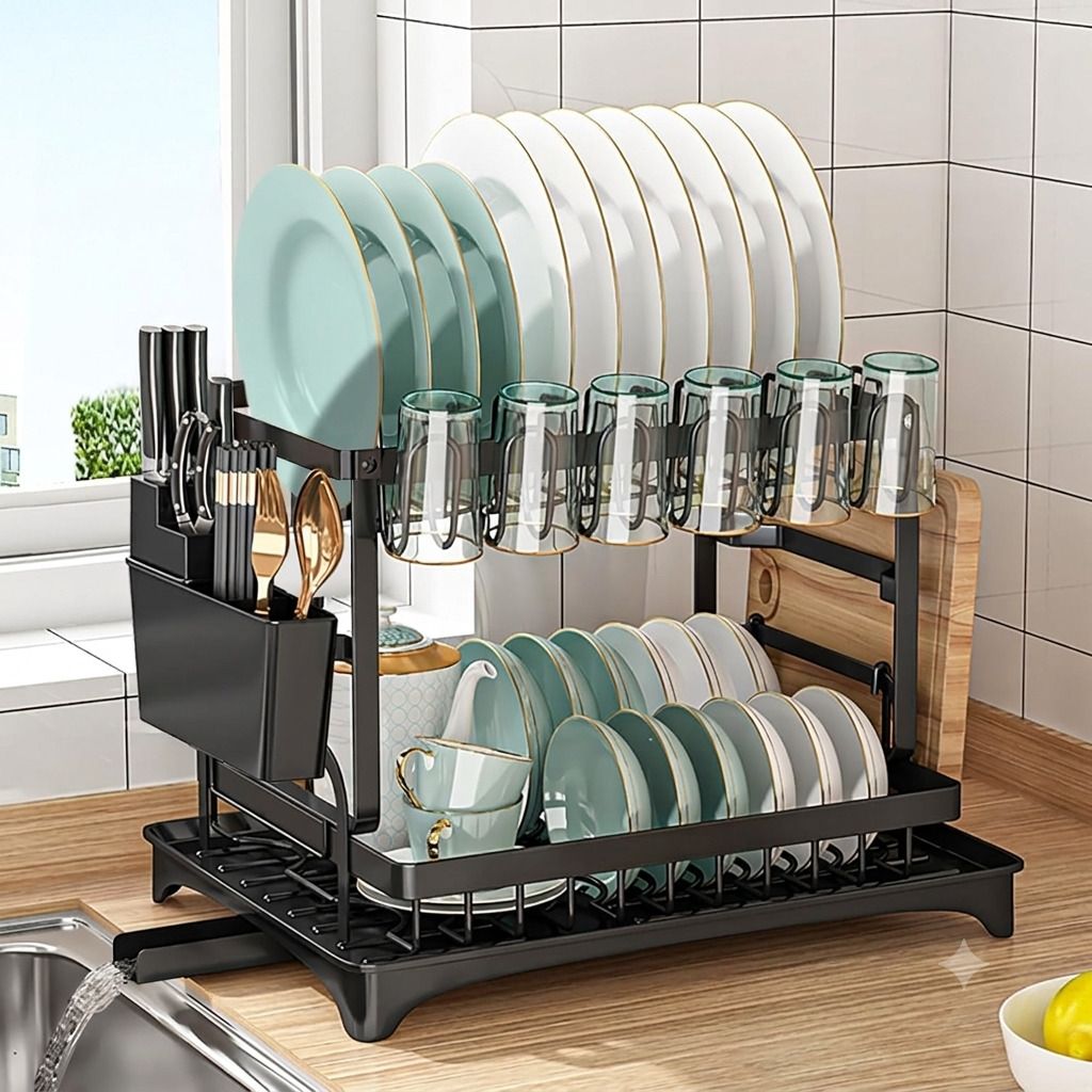 liventra Dish Drainer Kitchen Rack 2 Tier Kitchen Drying Rack with Drain Tray Cup Holder & Board Stand Black Steel-picture-14