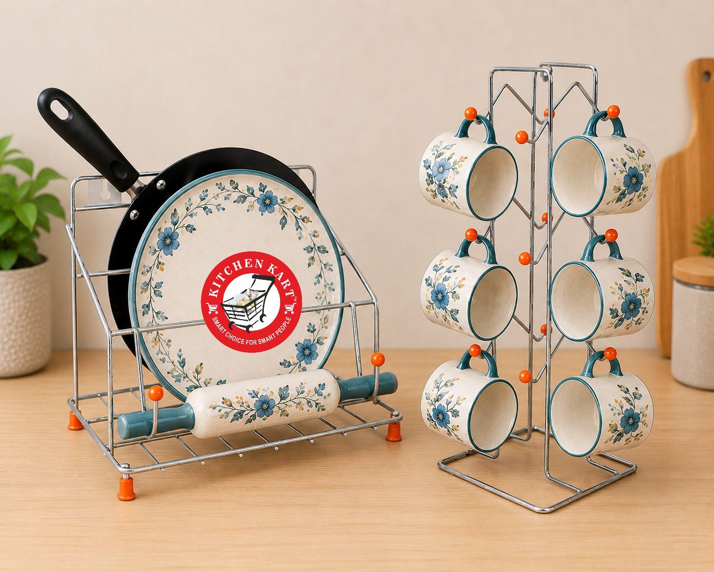 kitchen kart Chakla/Belan Kitchen Rack Kitchen Organizer Set Includes Tawa Lid Stand & Stylish W Design Cup Tree Stand Steel-picture-23
