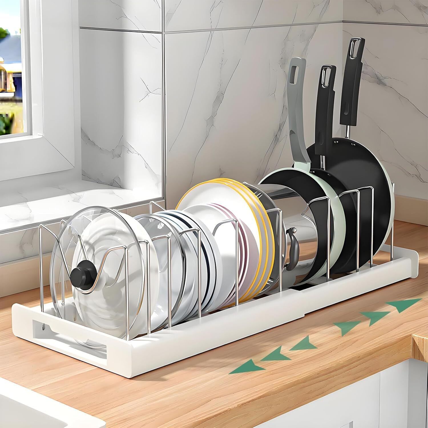 Dish Drainer Kitchen Rack MOOKA Adjustable Pot & Pan Organizer Rack with Expandable Dividers Plastic, Steel-picture-14