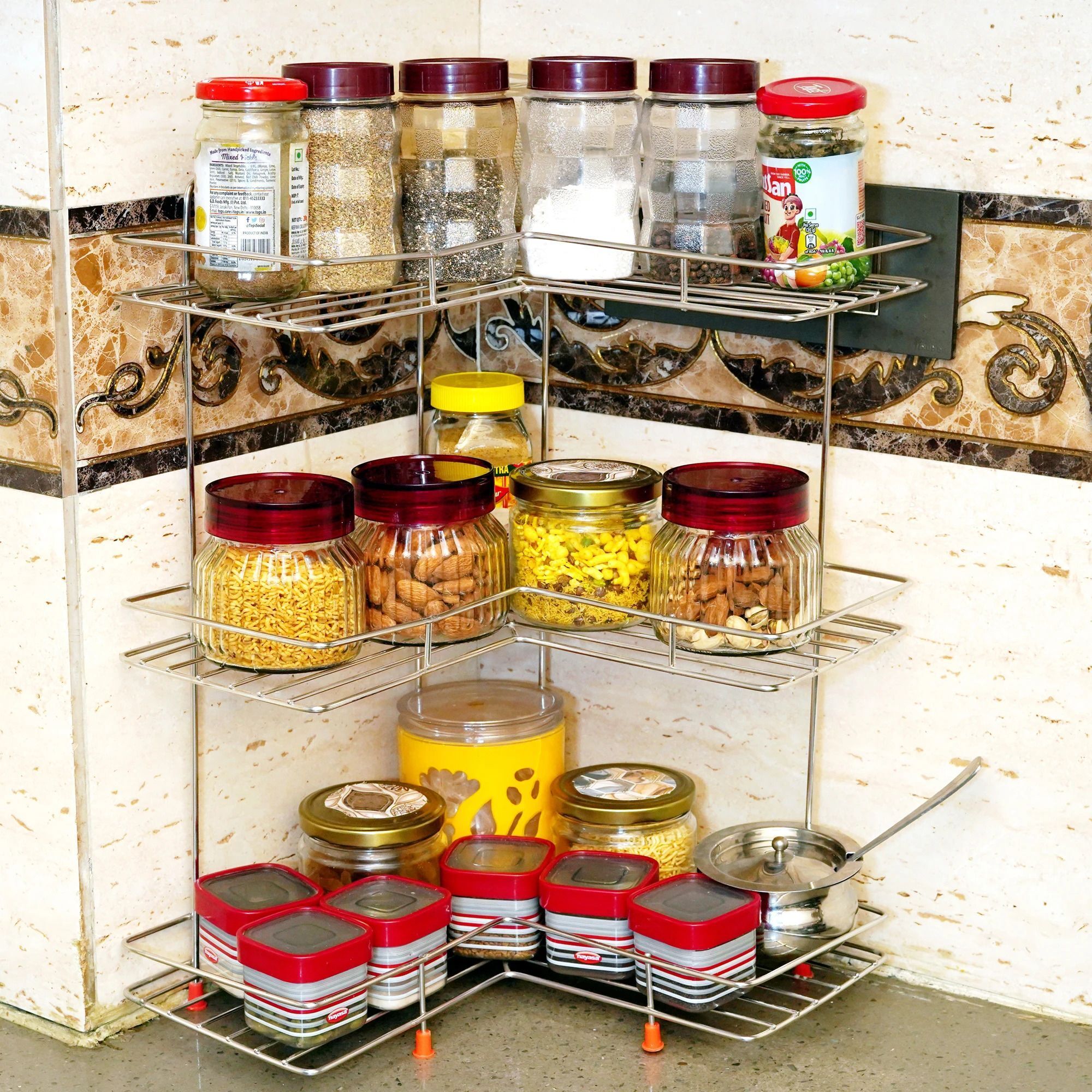 dibbly Utensil Kitchen Rack Multipurpose kitchen steel rack, 3 layer L-Corner Stand for Kitchen & bathroom Steel-picture-28