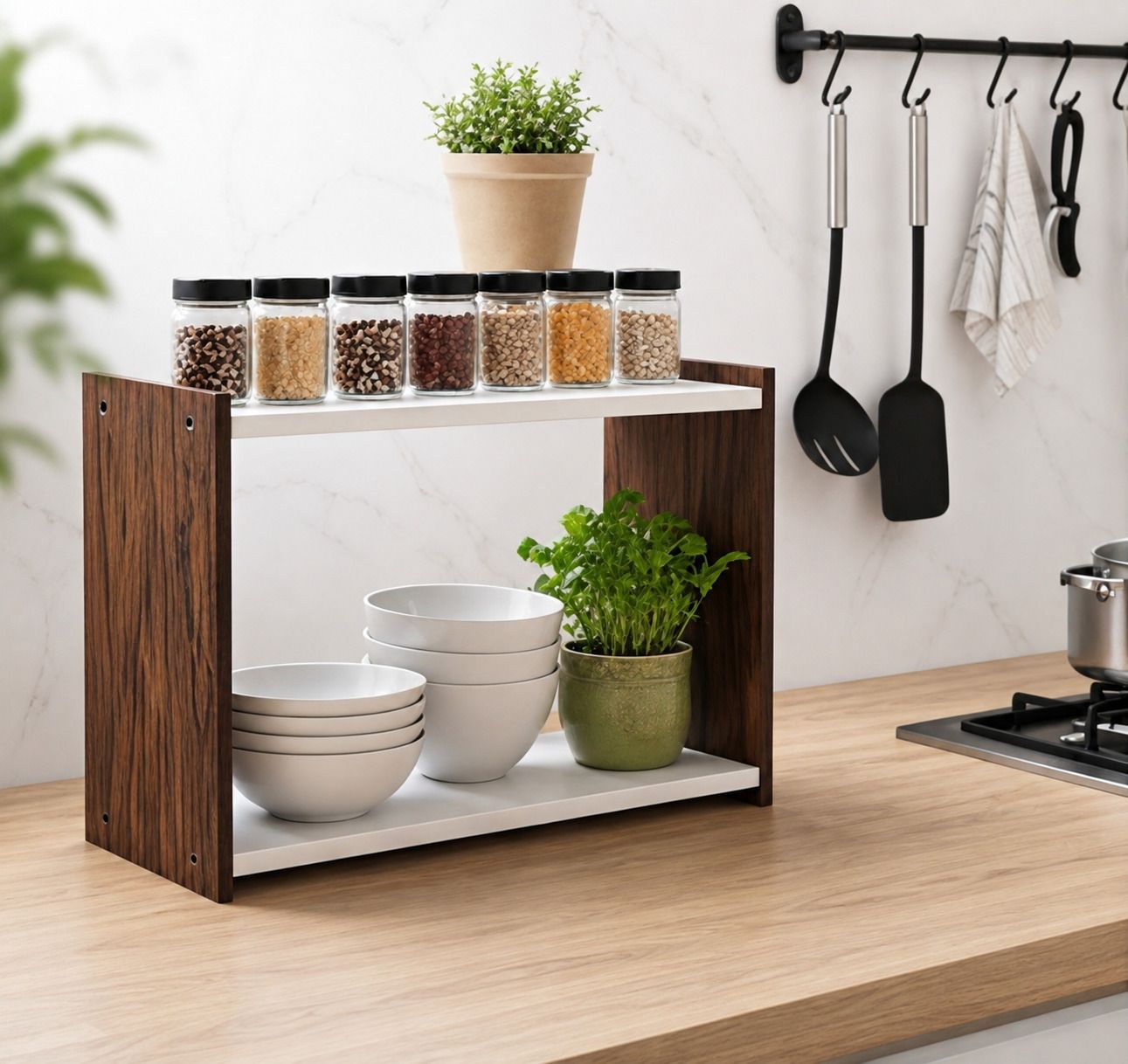 sakib akhlak Utensil Kitchen Rack 2 Tier Wooden Kitchen Rack Multipurpose Storage Organizer Wood-picture-18