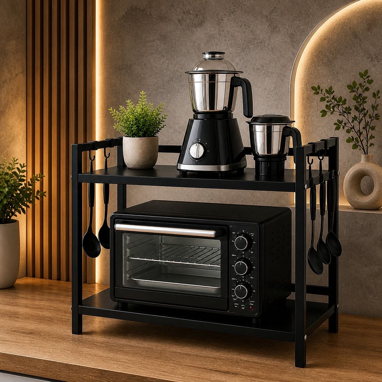 latificrafts Containers Kitchen Rack 2 Tier MultiKitchen Rack for Microwave Oven Stand Metal Storage Black Iron-picture-25