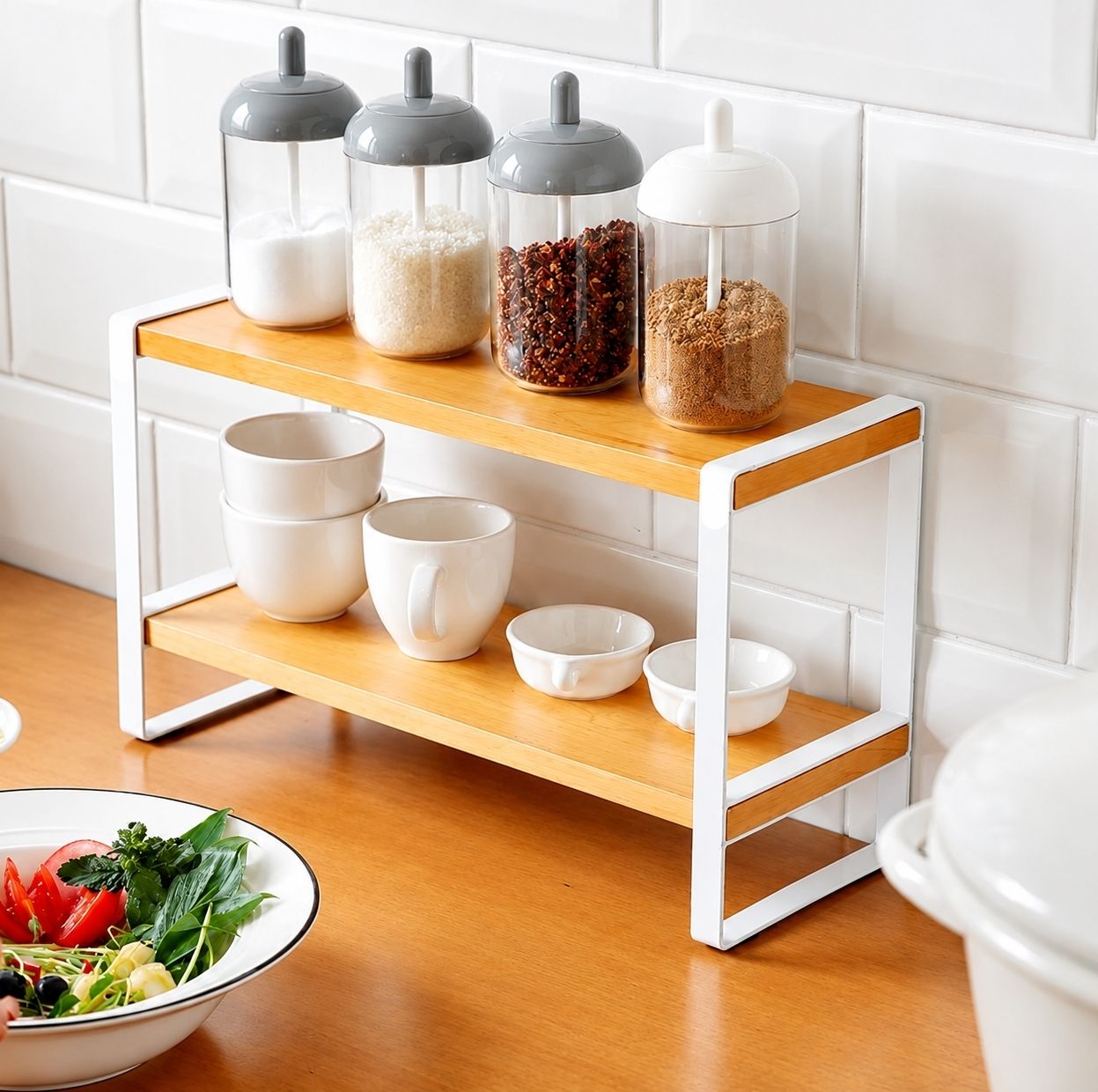 Containers Kitchen Rack 2 Tier Kitchen Counter Organizer Rack Wood, Iron-image-27