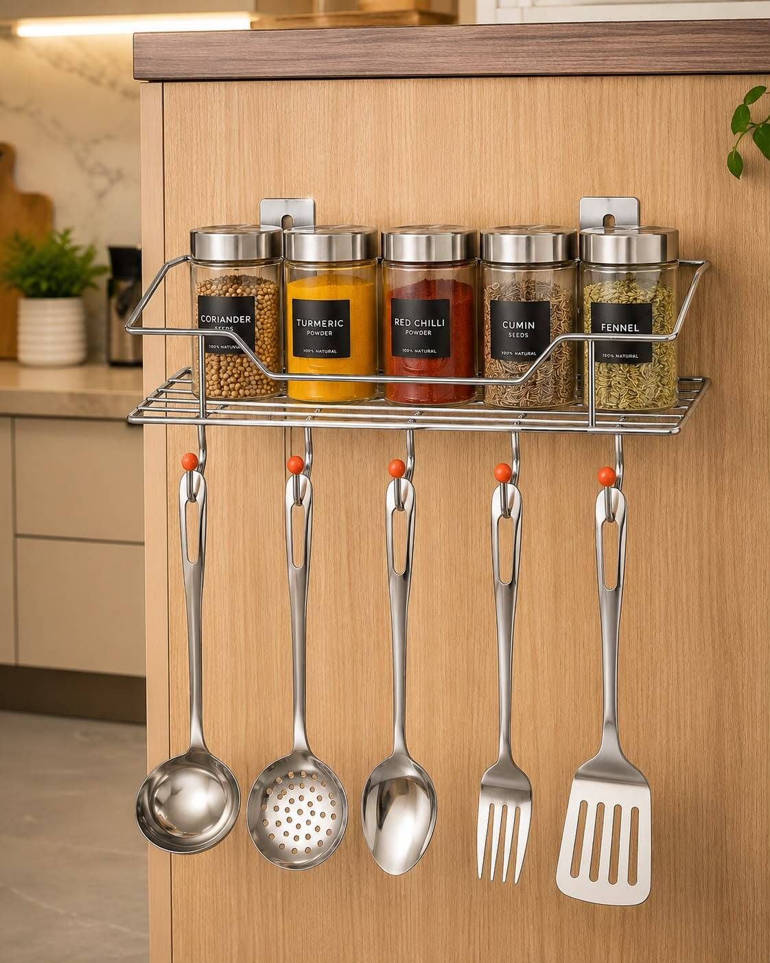 Utensil Kitchen Rack Stainless Steel Wall Mounted Rack with Hooks for Kitchen Utensils Steel-image-37