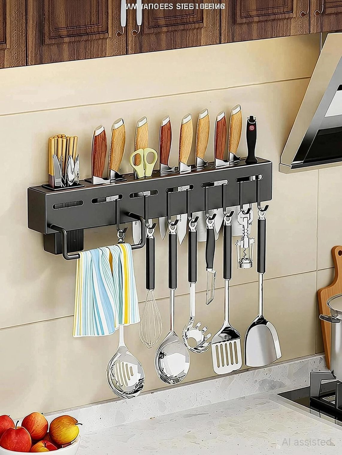 Utensil Kitchen Rack Kitchen Wall Shelf with Knife Holder Towel Bar Cutlery Rack Hanging Hooks Steel-image-43