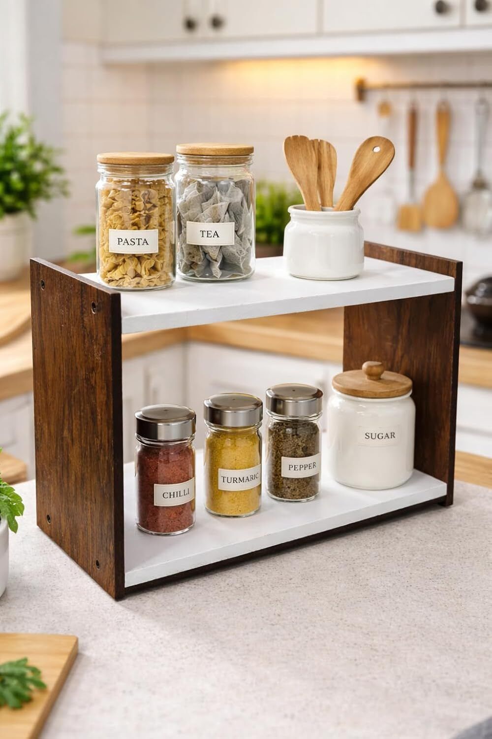 ugour galleria Containers Kitchen Rack Double Decker Wooden Spice Rack | Space Saving Kitchen Organizer | Wood-picture-13