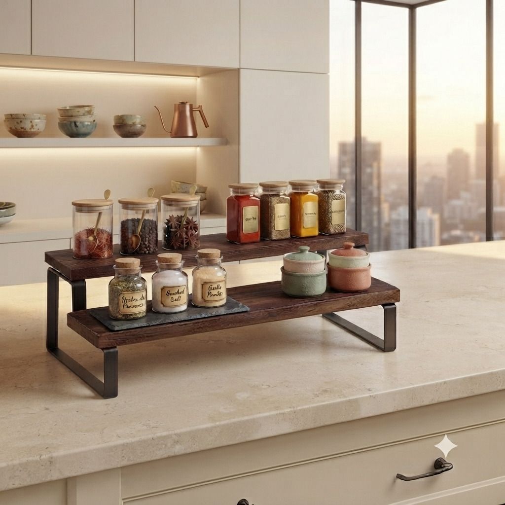 Containers Kitchen Rack 2 Tier Wooden Kitchen Counter Shelf Organizer with Metal Frame | Spice Rack Cast Iron, Wood-image-10