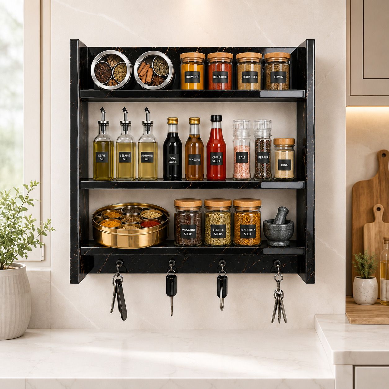 Utensil Kitchen Rack Premium 3 Tier Kitchen Wall Shelf with Hooks | Black Marble Kitchen Rack Wood-image-27