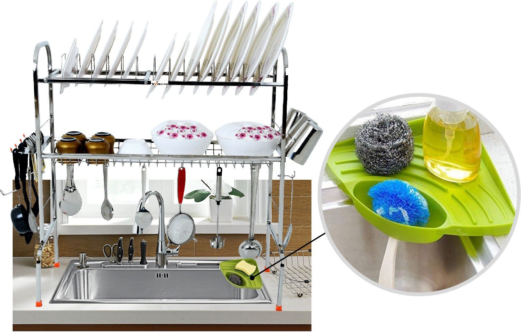 Utensil Kitchen Rack S.S Over Sink Dish Drainer Rack + Plastic Kitchen Sink Corner Tray (30x28 in) Steel-image-42
