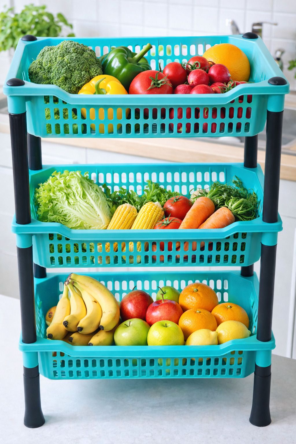dm plus Fruits/Vegetables Kitchen Rack 3 Tier Multipurpose Plastic Storage Basket Rack | L-BLUE Plastic-picture-5