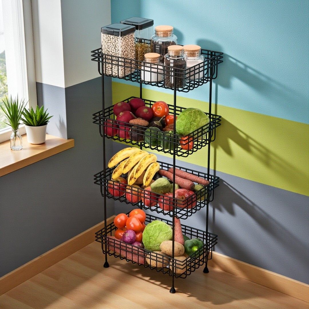 4 Tier Metal Wire Basket Kitchen Organizer Vegetable Fruit Storage Rack Stand Iron Kitchen Trolley-image-40