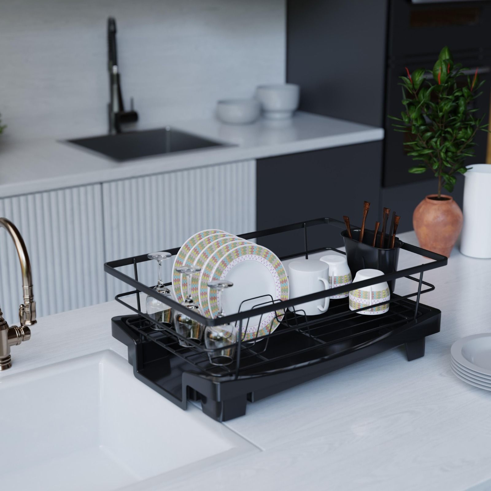 Dish Drainer Kitchen Rack Dish Drying Rack for Kitchen| Heavy Duty Plate Stand with Water Drain Tray Steel, Plastic-image-30