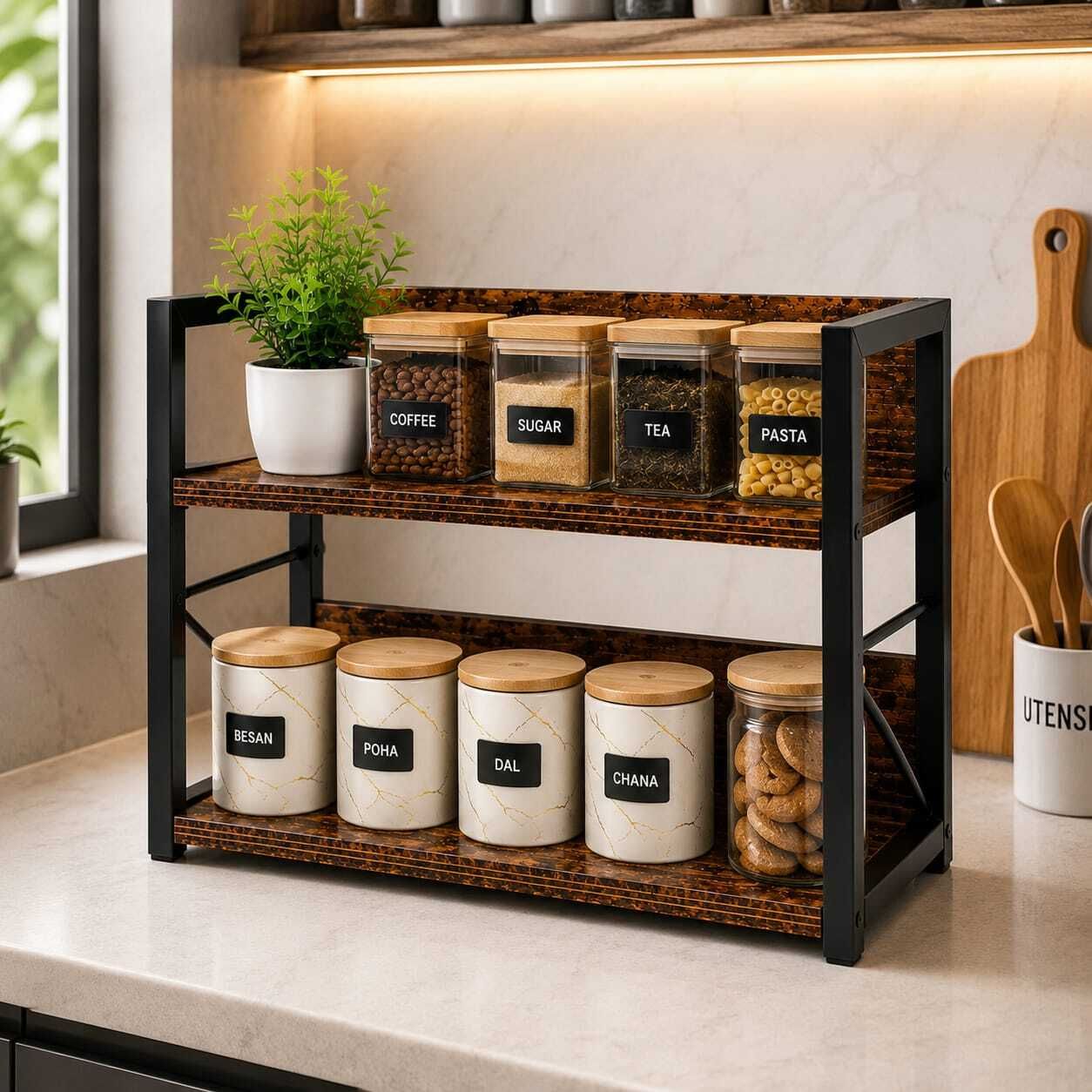 atracdecor Containers Kitchen Rack 2 Tier Kitchen Counter Organizer Wood, Iron-picture-37