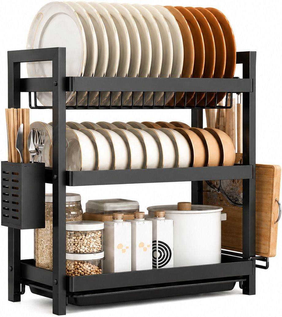 Dish Drainer Kitchen Rack 3 Tier Dish Drying Rack | Black Carbon Steel-image-12