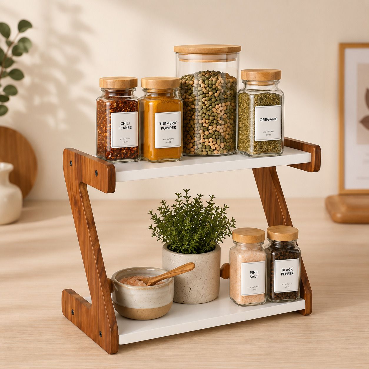 Containers Kitchen Rack 2 Tier Wooden Tabletop Book Rack Desk Organizer Shelf Wood-image-3