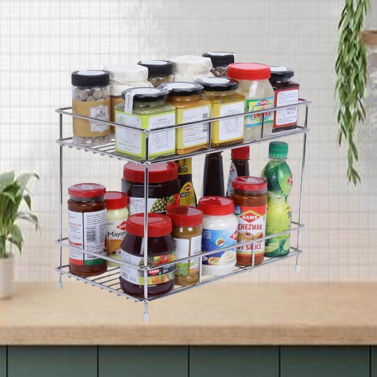 Utensil Kitchen Rack 2-Tier Kitchen/Pantry Rack Storage Masala dabba & pouches Multipurpose Rack Steel-image-42