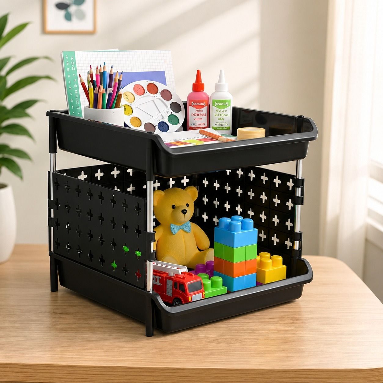Utensil Kitchen Rack 2 Tier Plastic Desk Organizer Rack with Metal Rods for Office & Home Storage Plastic, Steel-image-17