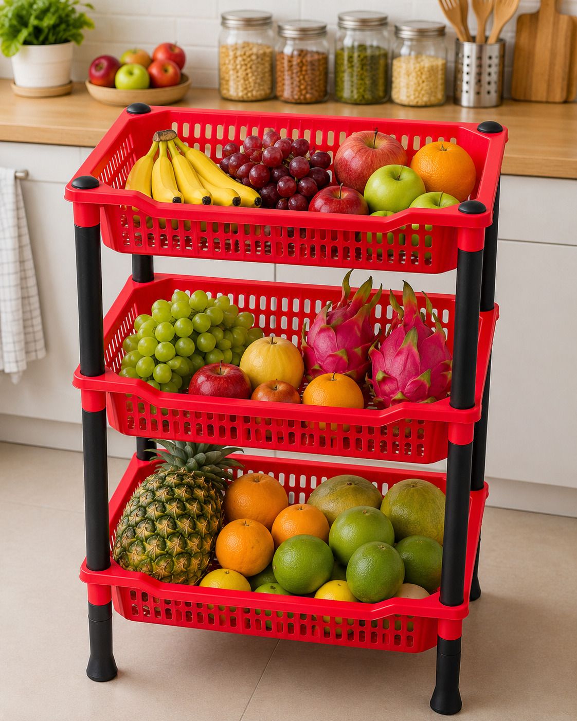 dm plus Fruits/Vegetables Kitchen Rack 3 Tier Multipurpose Plastic Storage Basket Rack | RED Plastic-picture-4